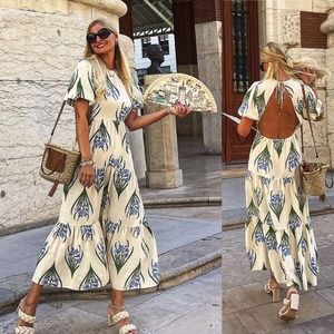 ZARA Ecru Floral Printed Linen Cotton Blend Midi Dress Size M